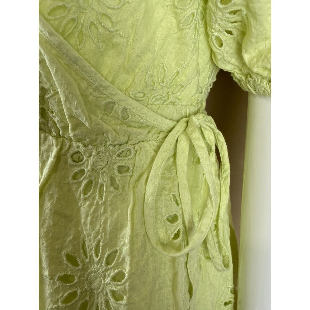 Zara Women’s XS Lime Green Eyelet Mini Wrap Dress Puff Sleeve Lined Cotton - Picture 5 of 13